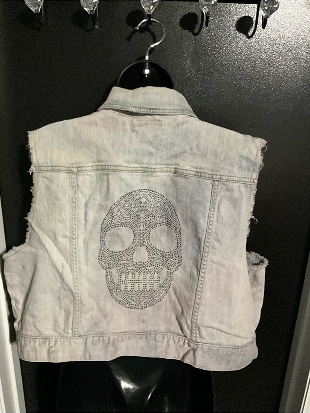 Torrid Light Gray Denim Vest with Rhinestone Skull